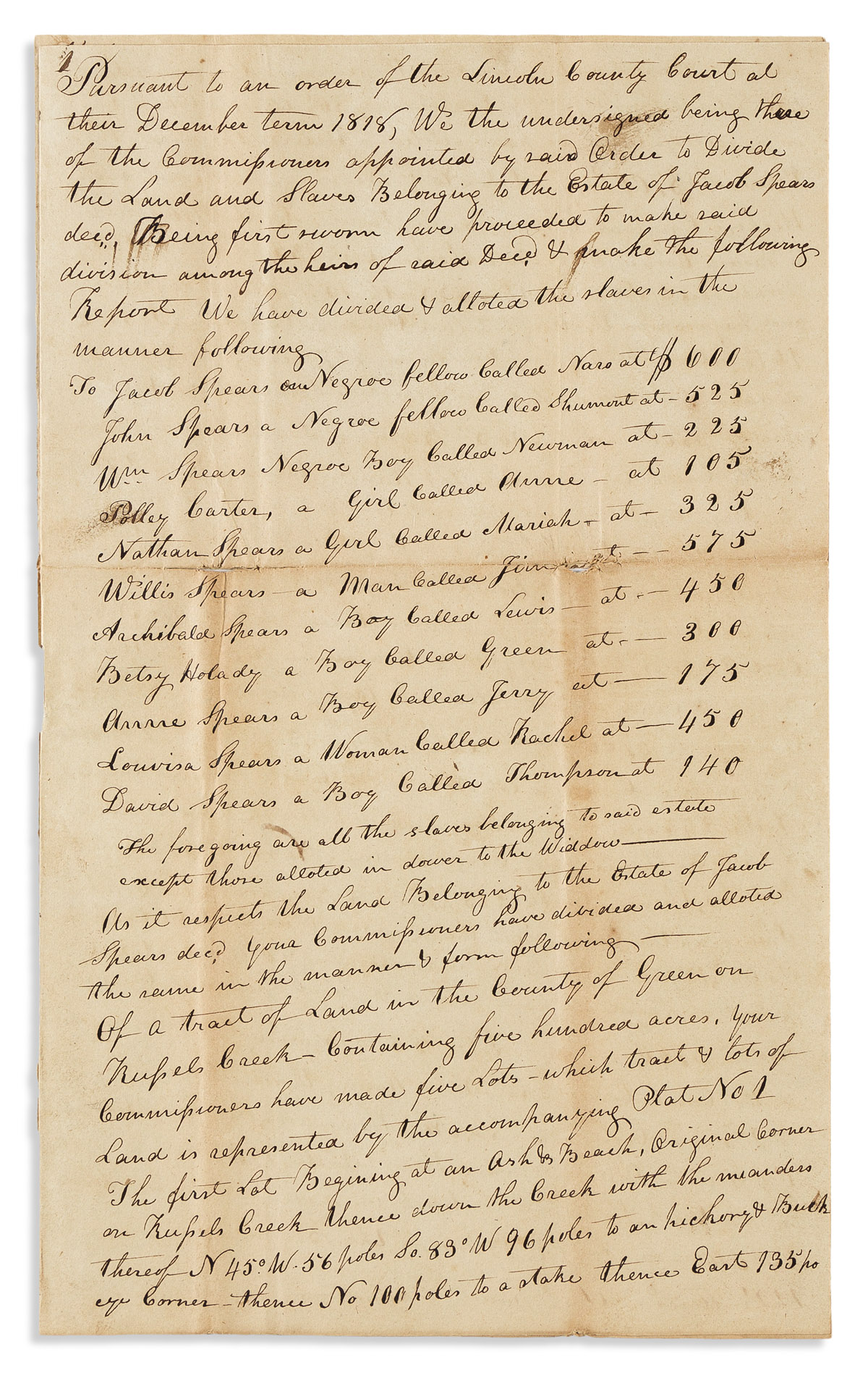 (SLAVERY & ABOLITION.) Partition of 11 enslaved people in a Kentucky estate, dispersed among 11 different heirs.